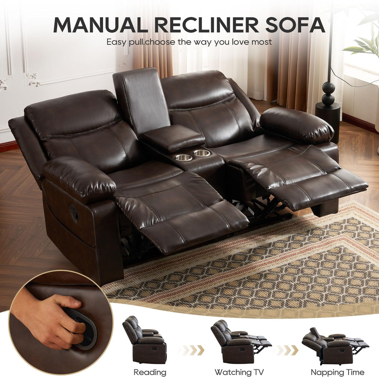 P.H.Furn Recliner Sofa, Reclining Loveseat Sofa with Massage & Heat, Reclining Couch with Side Pockets, Extra Storage, Cup Holders for Living Room P.H.Furn