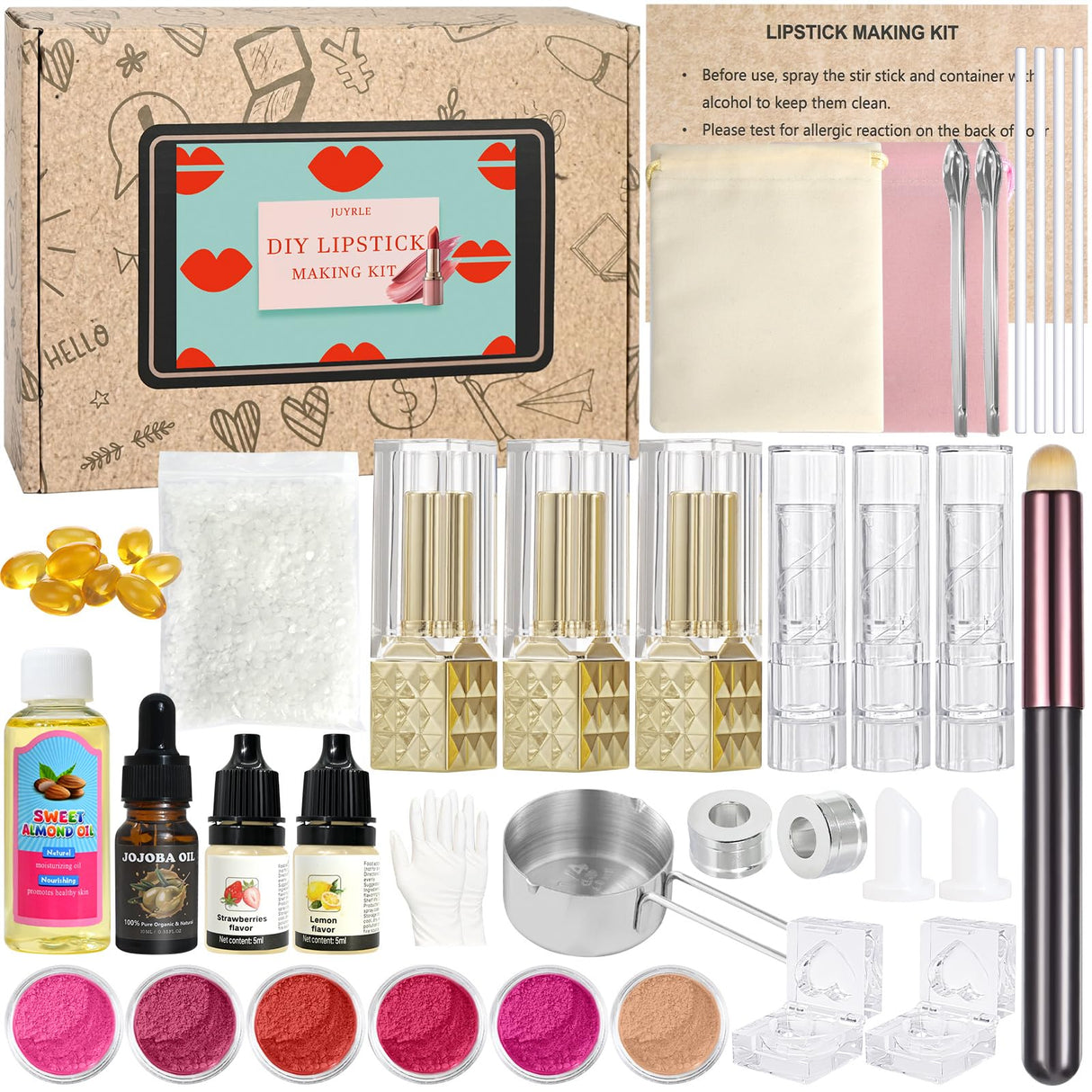 JUYRLE Lipstick Making Kit- 47Pcs DIY Matte Velvet Lipstick Set, Lip Gloss Kit, Make Your Own Lip Stain Kit with Beeswax Long-Lasting Quick-Drying Non-Stick Cup Lip Makeup Gift Kit for Women Beginner JUYRLE