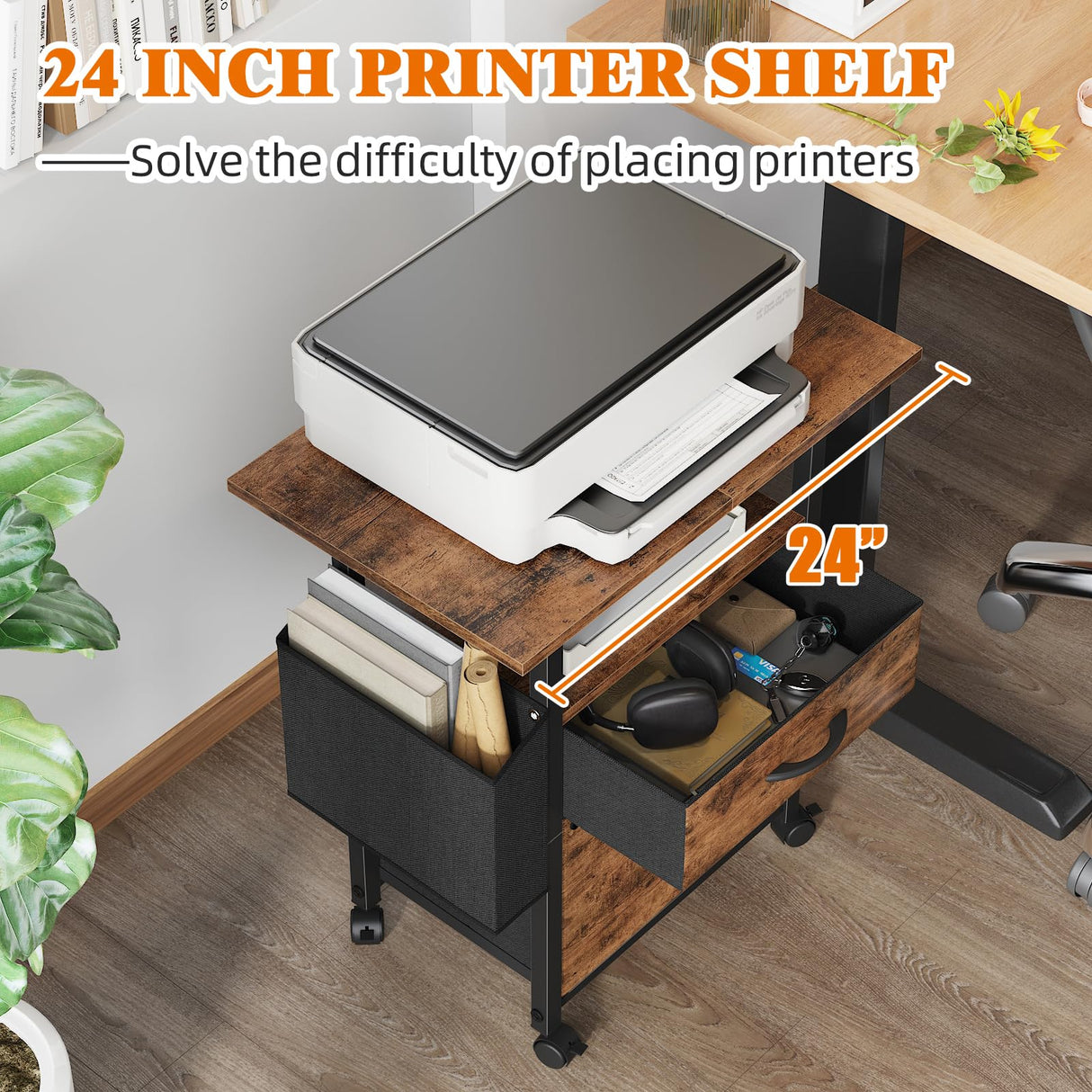 GYIIYUO 2 Drawer File Cabinet with 24'' Extended Tabletop, Mobile Filing Cabinet, Rolling Vertical File Cabinet with Side Bag, Fabric Drawer, Fits A4 Size, Home Office, Rustic Brown GYIIYUO