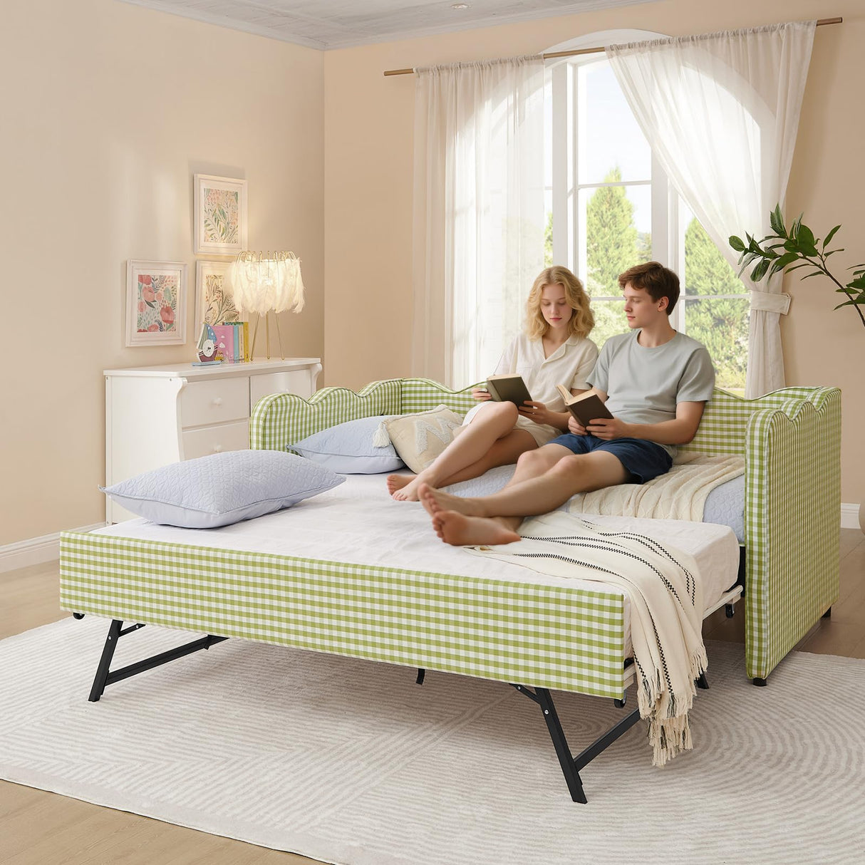 Twin to King Daybed with Trundle, USB Ports Soft Upholstered Daybed with Pop Up Trundle Bed Twin, Modern Extendable Day Bed Frame for Girls Bedroom Living Room Guest Room Small Places Sage Green Deolme