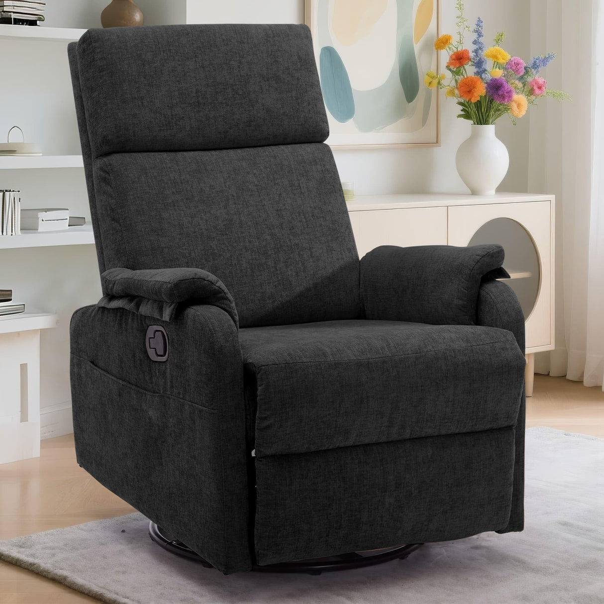 Korser Recliner Chairs, Swivel Rocking Recliner Chair for Adults, Glider Rocking Chair, Small Nursery Chair Recliner for Living Room, Reclining with Modern-Designed Armrests, Chenille, Black Korser