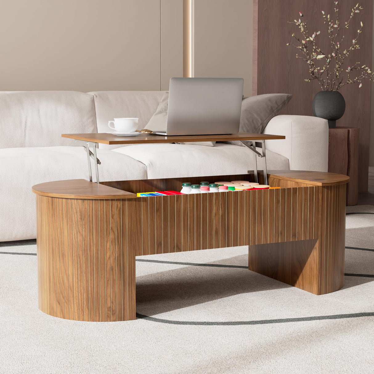 Oval Lift Top Coffee Table with Hidden Storage, Mid Century Modern Coffee Table with Lift Tabletop for Living Room, 47 Inch Large Wooden Center Table for Home Office (Walnut) Jimmhome