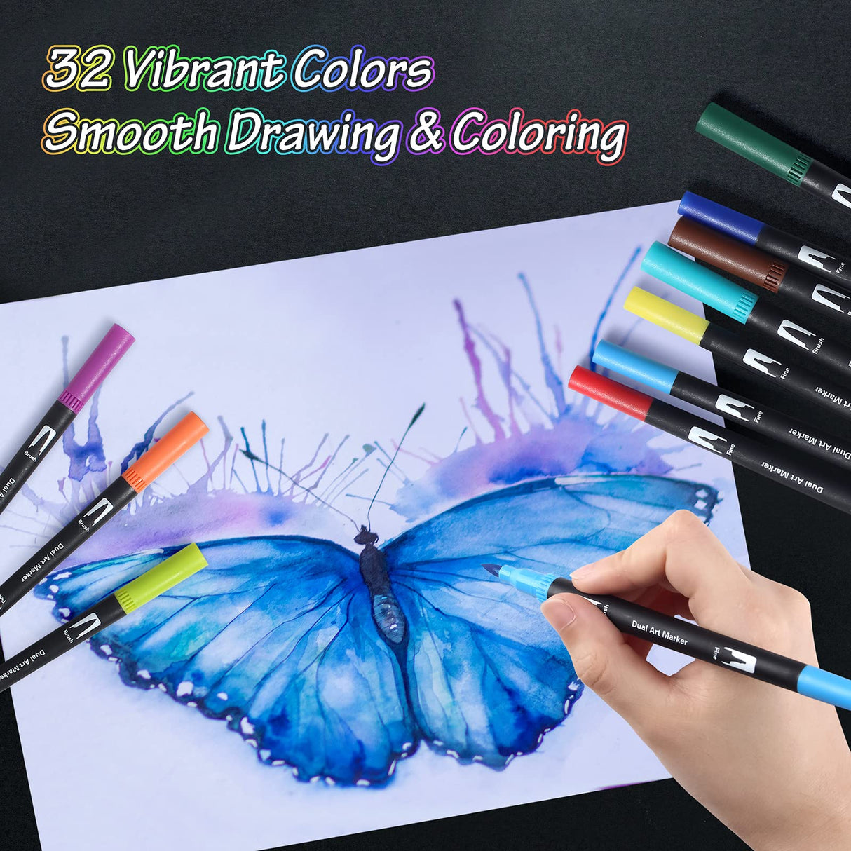 Peablce Art Markers Brush Pen, Markers for Adult Coloring Books No Bleeding,32 Colored Pens Fine Point Highlighter Pen & Brush for Adult Kids Coloring Journaling Note Taking Planner Peablce