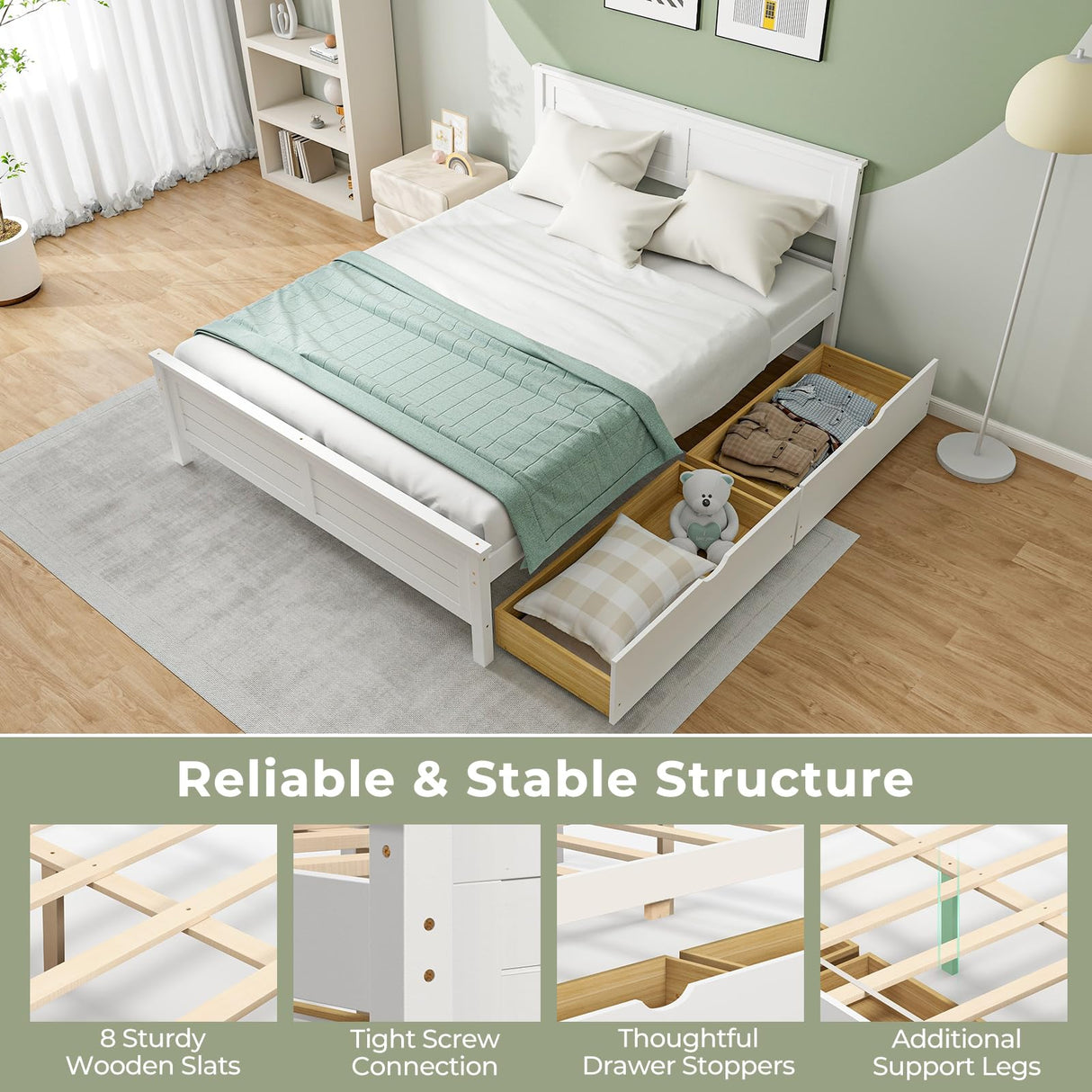 Giantex White Wood Full Size Bed Frame with 2 Storage Drawers and Headboard Giantex