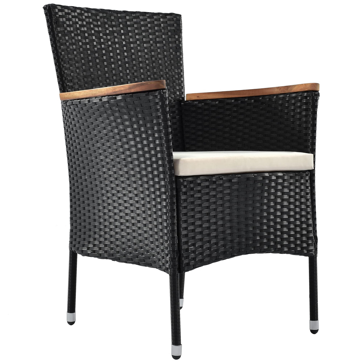 Quarte 7 Piece Outdoor Patio Dining Set, PE Rattan Wicker Dining Table and Chairs Set with Acacia Wood Tabletop and Stackable Armrest Chairs/Water-Proof Cushions Quarte