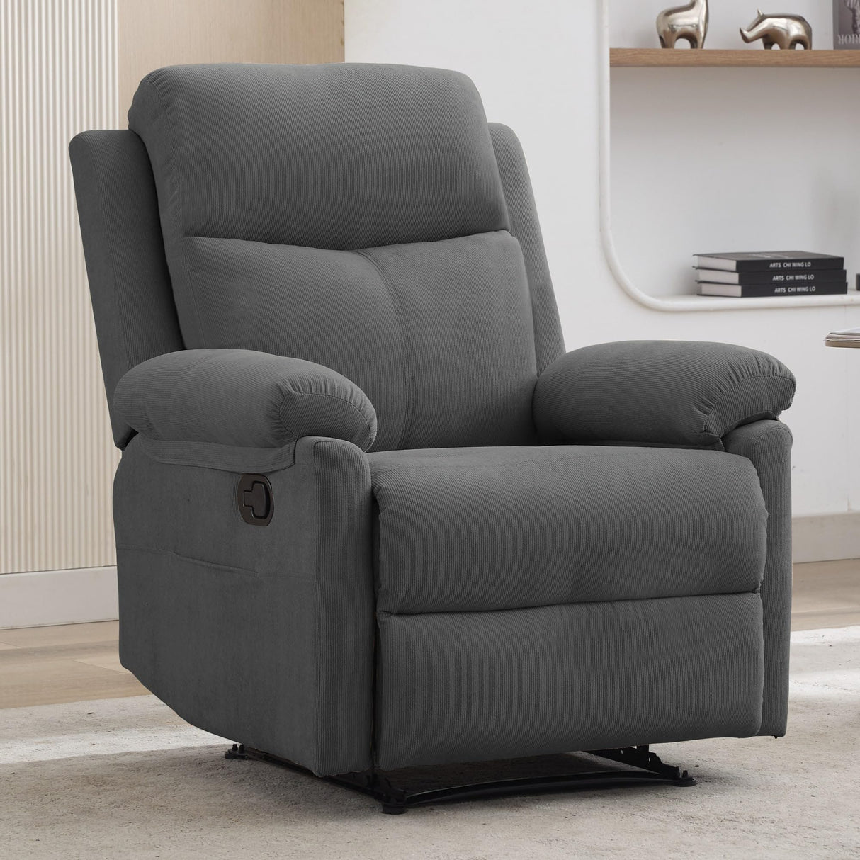 Korser Recliner Chair, Manual Recliner for Adults with Side Pocket, Small Recliners for Small Spaces, Adjustable Comfy Overstuffed Corduroy Reclining Chairs for Living Room, Reading, Bedroom, Grey Korser