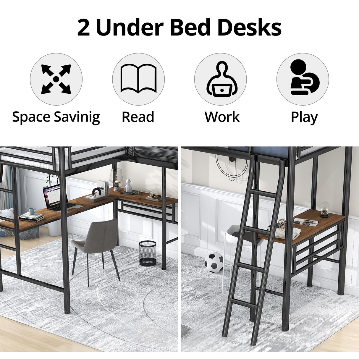 INCLAKE L-Shaped Twin Loft Bed with Dual Desks, Heavy-Duty Metal Frame, Safety Guard Rails, Black INCLAKE