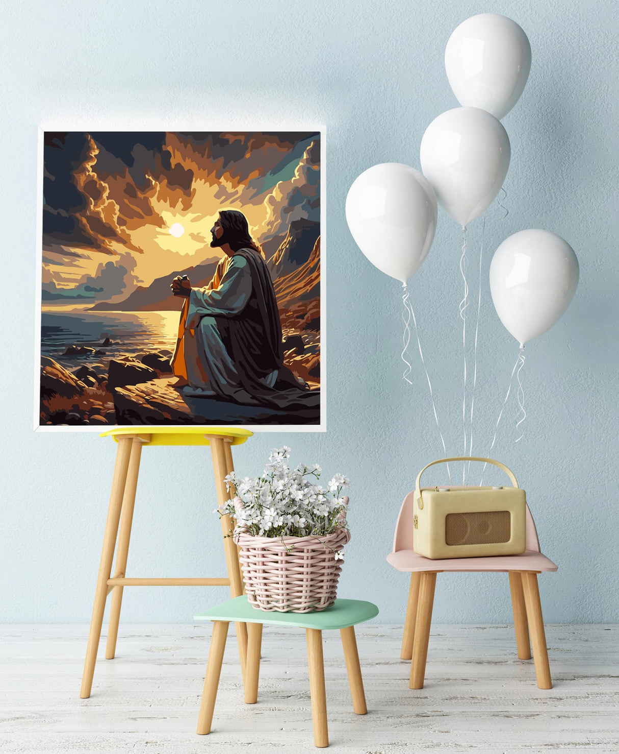 AREOPNMG Christmas Jesus Paint by Numbers Kit for Adults Beginner DIY Sunset Landscape Painting by Numbers Kits,with 3 Brushes and Acrylic Paint(Without Frame), Home Wall Decor 16 x 16 in AREOPNMG