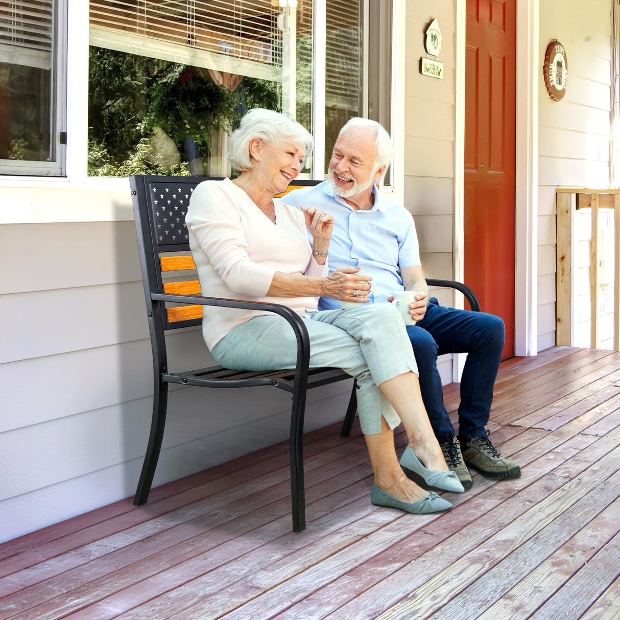 VINGLI Outdoor Metal Bench, 50in Weatherproof Garden Bench w/American Flag Style, 2-Person Sturdy Steel Patio Bench for Front Porch Yard Park VINGLI