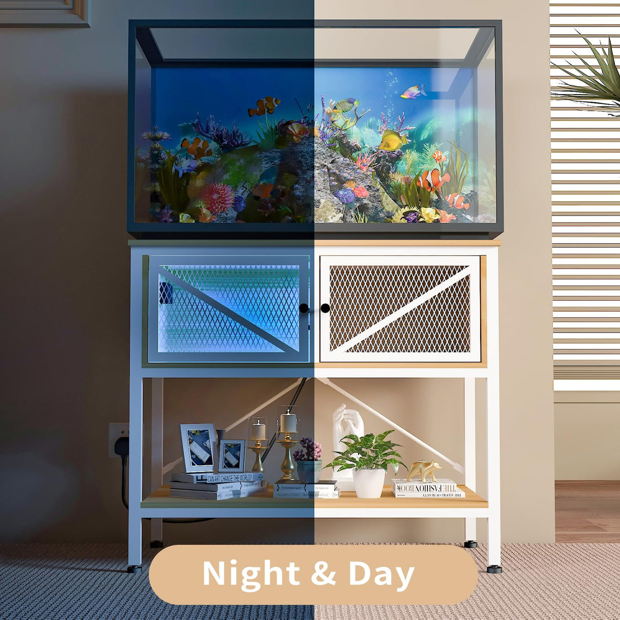 Avolander 40-50 Gallon Fish Tank Stand, Aquarium Stand with Power Outlets & LED Light, Cabinet for Fish Tank Accessories Storage, Heavy Duty Metal Frame, 760LBS Capacity, White Walnut Brown Avolander