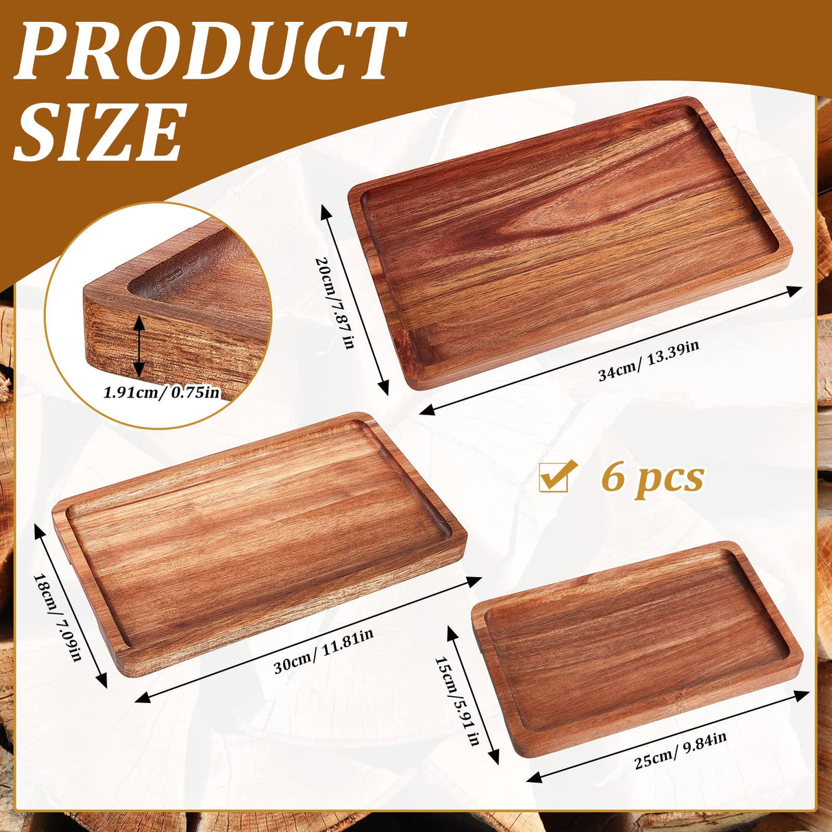 6 Pcs Wooden Tray Wood Serving Tray Set Wood Board for Food Rectangular Wooden Serving Platters Wooden Plates Serving Board for Cheese Appetizer Charcuterie Food Vegetables Dessert Home Party, 3 Sizes Qunclay