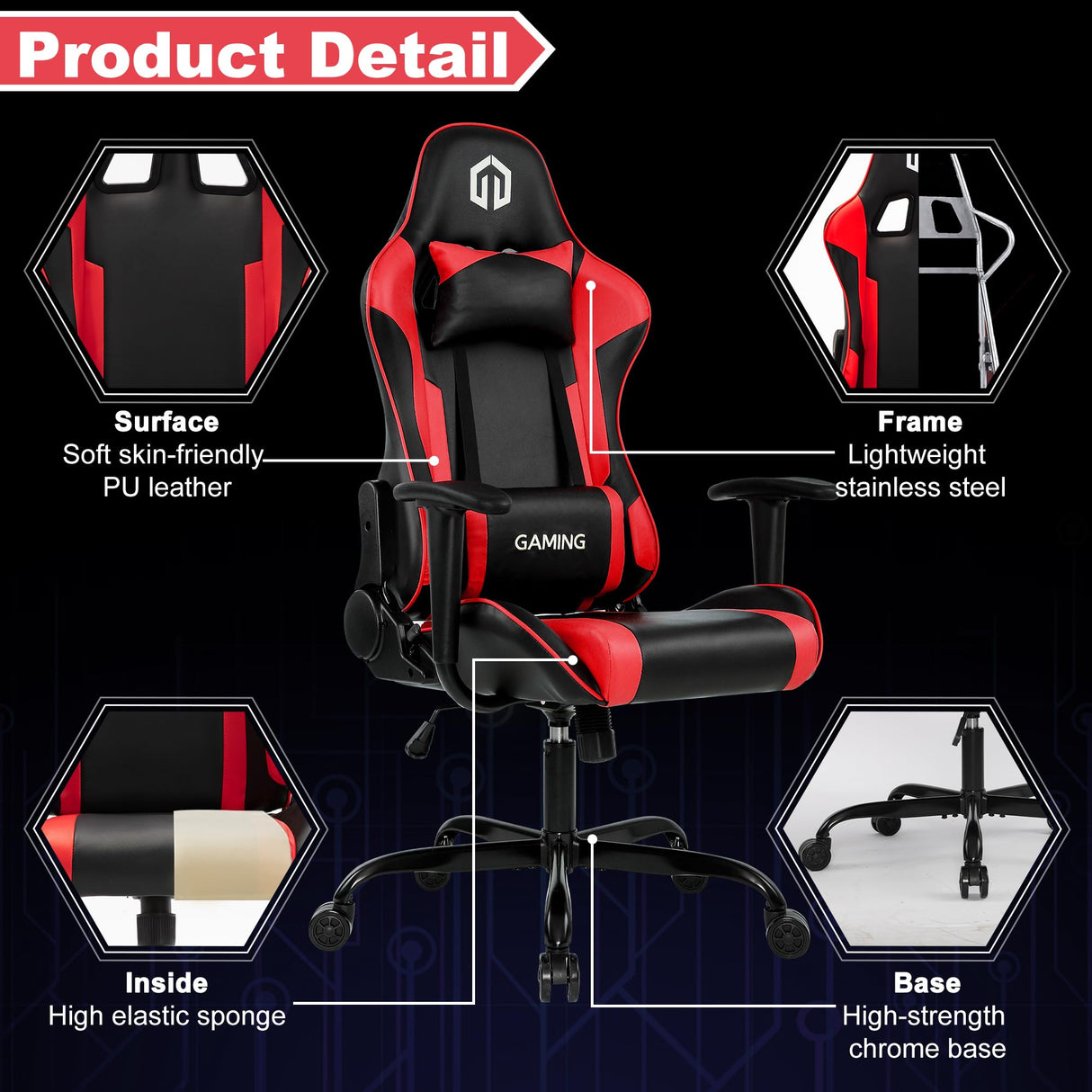 GOTMINSI Computer Gaming Chair with Headrest and Lumbar Cushion, Ergonomic Gaming Chair Office Chair 290lbs for Adults, Video Game Chairs Racing Chair High Back Leather Adjustable, (BK/Red) GOTMINSI