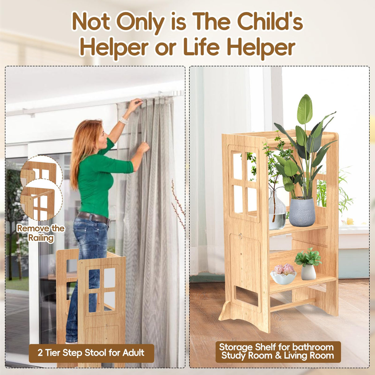 BueDeHai 4 in 1 Kitchen Toddler Step Stool, Wooden Kitchen Toddler Tower with Whiteboard and Safety Rail, Adjustable-Height Kids Learning Standing Tower for Kitchen Counter Bathroom Sink BueDeHai