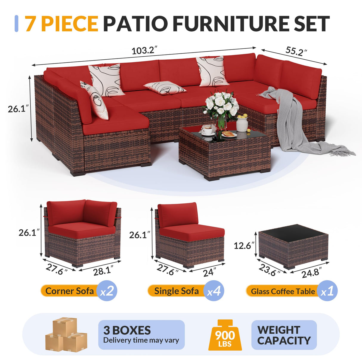 Poteban Patio Furniture Set, 7 Pieces Outdoor Modular Conversation Set Wicker Sectional Sofa for All Weather Rattan Patio Couch for Porch Garden Backyard Balcony Poolside (Red) Poteban