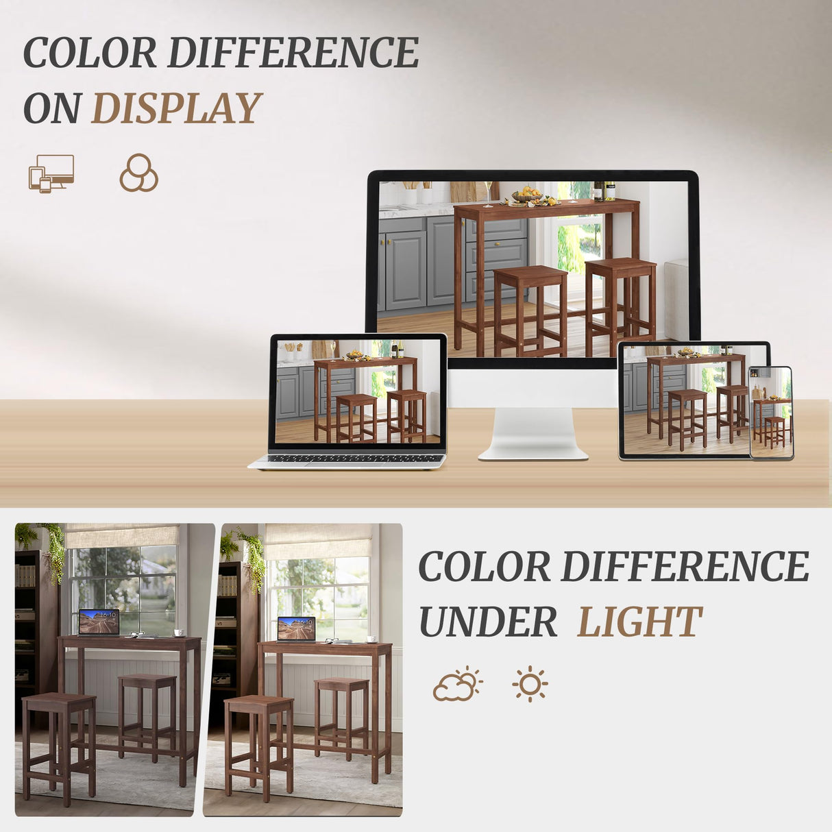 Cozyman 53 inch Bar Table and Chairs Set, Acacia Wood Pub Table with 2 Stools, Rectangular Counter Height Table Set for Dining Room, Kitchen, Living Room, Teak Brown Cozyman