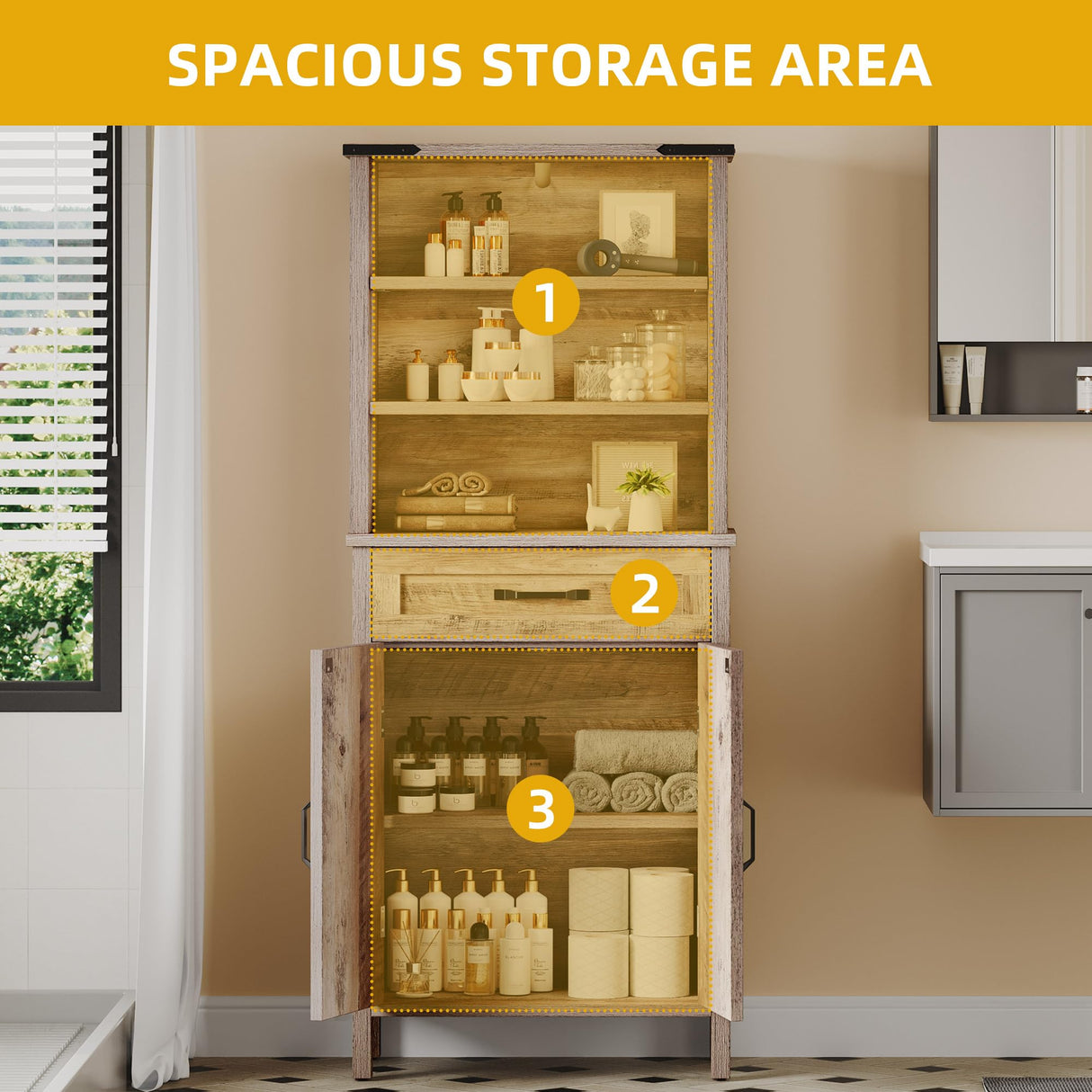 DWVO Farmhouse Storage Cabinet, Small Bathroom Storage Cabinet with Doors and Shelves, 58" Tall Multi-Functional Accent Cabinet for Dining Room, 58" H x23.6 W, Washed Grey DWVO