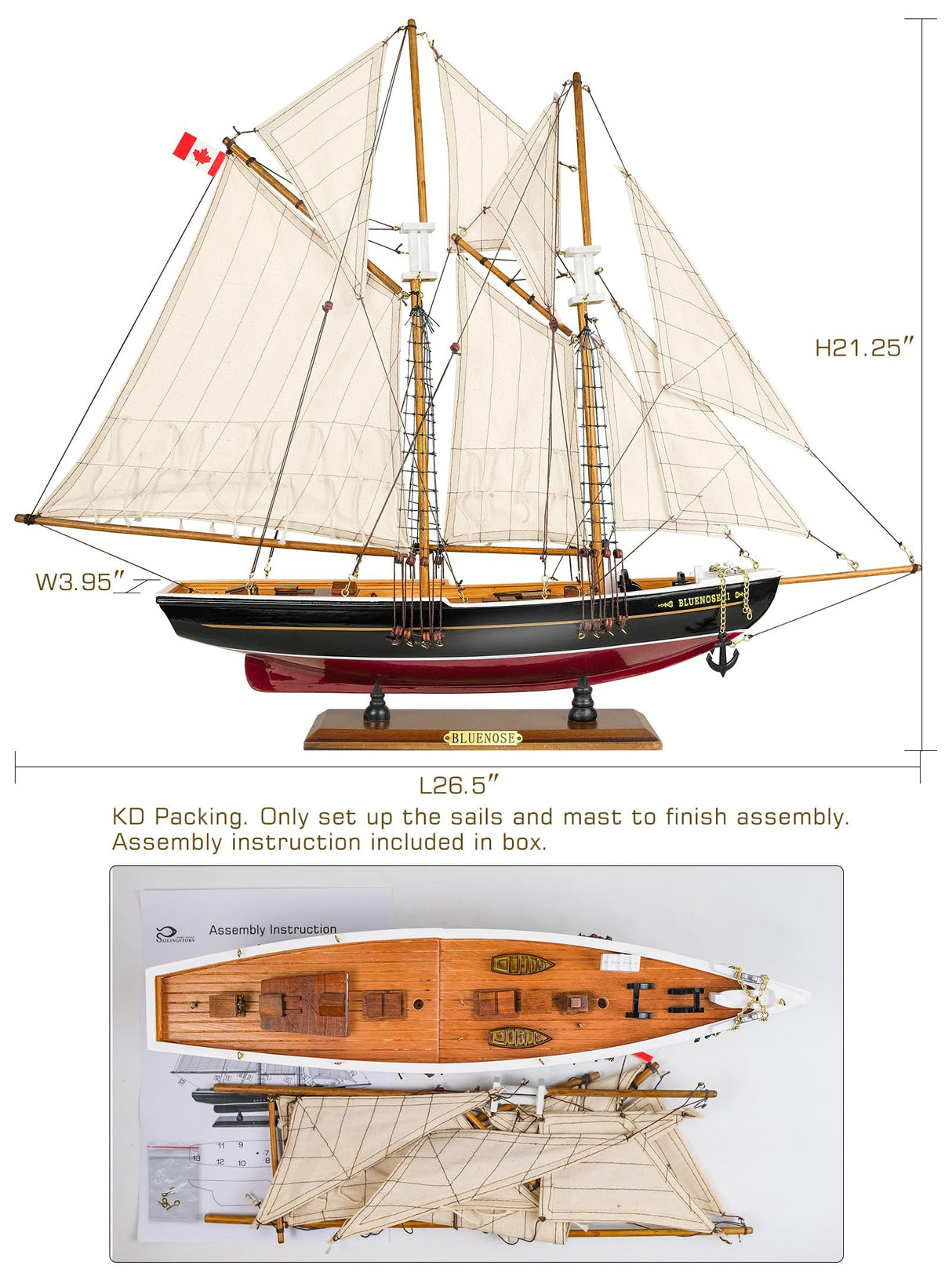 SAILINGSTORY Wooden Sailboat Model Ship Bluenose 1/85 Scale Replica Schooner Sailboat Decor Medium HOME DECOR SAILINGSTORY