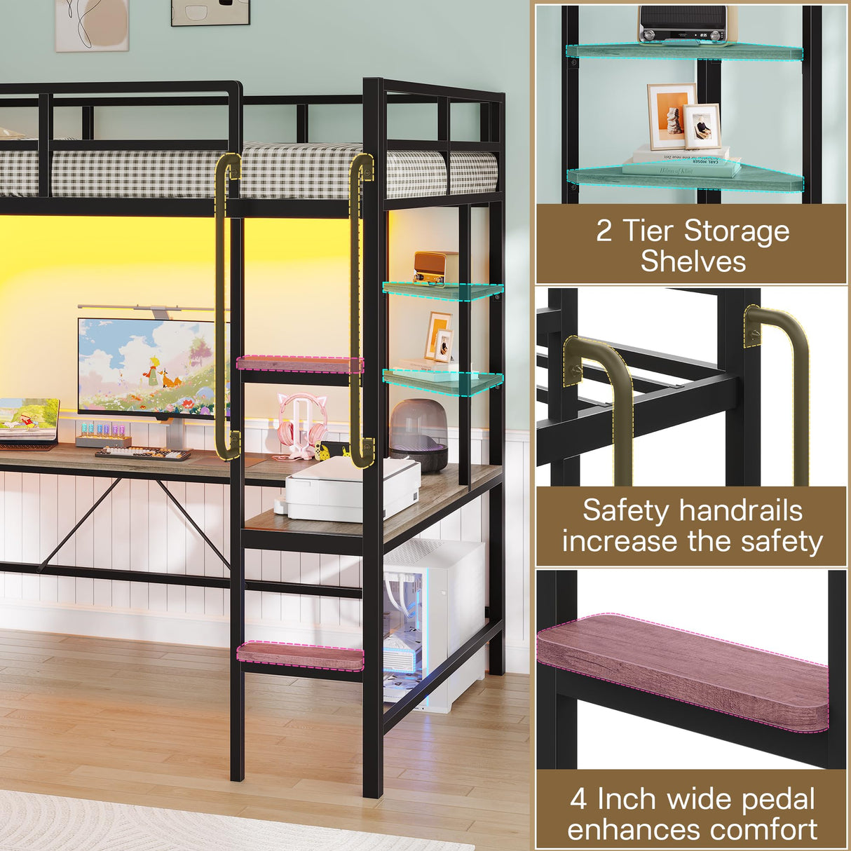 busyaeh Loft Bed with Hall Tree, Twin Loft Bed with Desk, Storage Headboard & 2 Drawers, Twin Size Loft Bed with LED Lights, Charging Station, Safety Guardrail & Ladder, No Box Spring Needed,Oak Gray busyaeh
