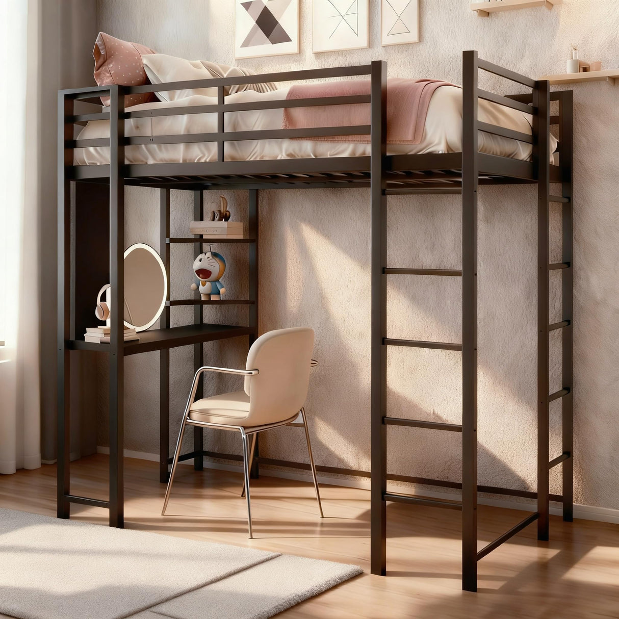 SUNLEI Loft Bed Full Size with Desk and Safety Guard Rail, Full Size Metal Bed Frame with Double Layer Shelves for Storage, No Box Spring 2 Security Ladders, Midnight Black SUNLEI