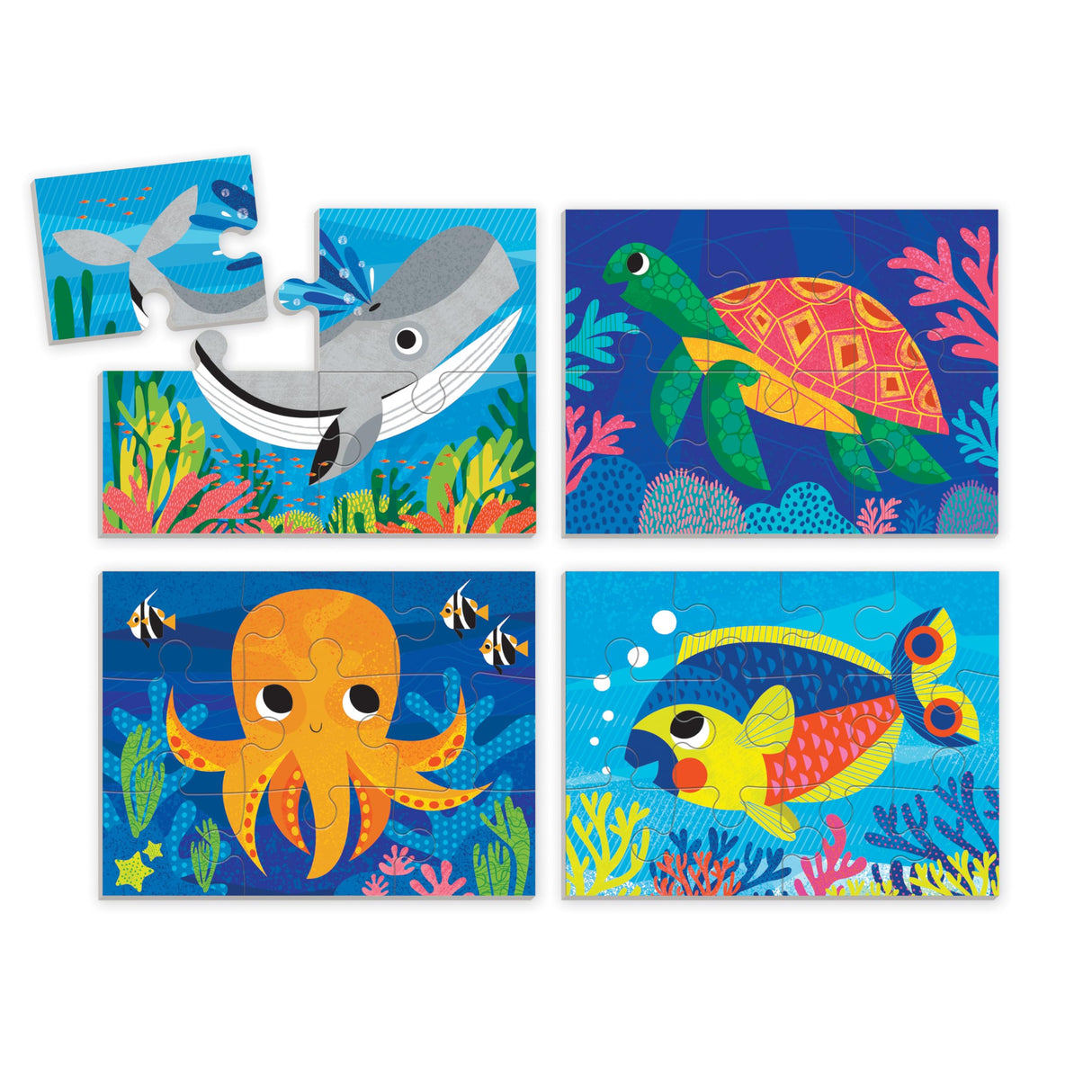 Mudpuppy Ocean Friends 4-in-a-Box Puzzle Set from Mudpuppy, Includes 4 Progressive Jigsaw Puzzles for Kids with 4-12 Pieces, Colorful Ocean Animal Illustrations, for Kids Ages 2+ Mudpuppy