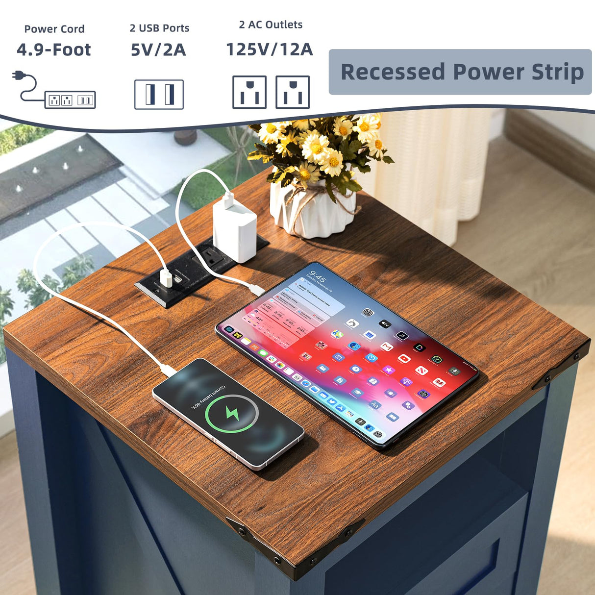 Joaxswe Nightstand with Charging Station, Farmhouse Night Stand with 2 Drawers and Shelf Storage, Blue Wooden Side End Table, Bedside Cabinet for Bedroom, Living Room, Closet,Office Joaxswe