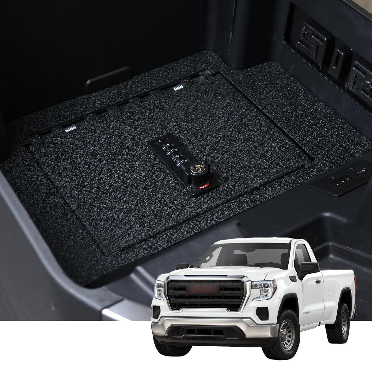 YOULAI Center Console Gun Safe - Console Gun Vault Compatible with Chevy Silverado 1500/GMC Sierra 1500 2023-2025, FIT 2022 Refreshed Model (4 Digit Lock with Key) YOULAI