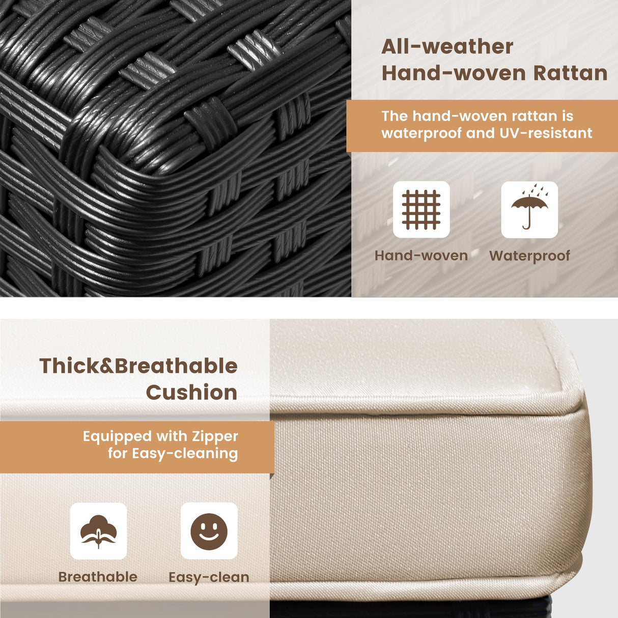 Devoko Patio Conversation Set 4 Piece Outdoor Furniture Sets PE Wicker Rattan Patio Sofa Sectional Adjustable All-Weather with Cushions and Glass Table for Porch Backyard Poolside, Beige Devoko