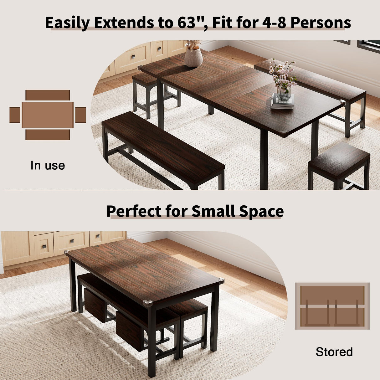 Einhomn 5 Pieces Dining Room Table Set for 4-6, 63" Extendable Kitchen Table Set with 2 Benches & 2 Stools, Small Dining Table Set with Metal Frame & MDF Board, Walnut Einhomn