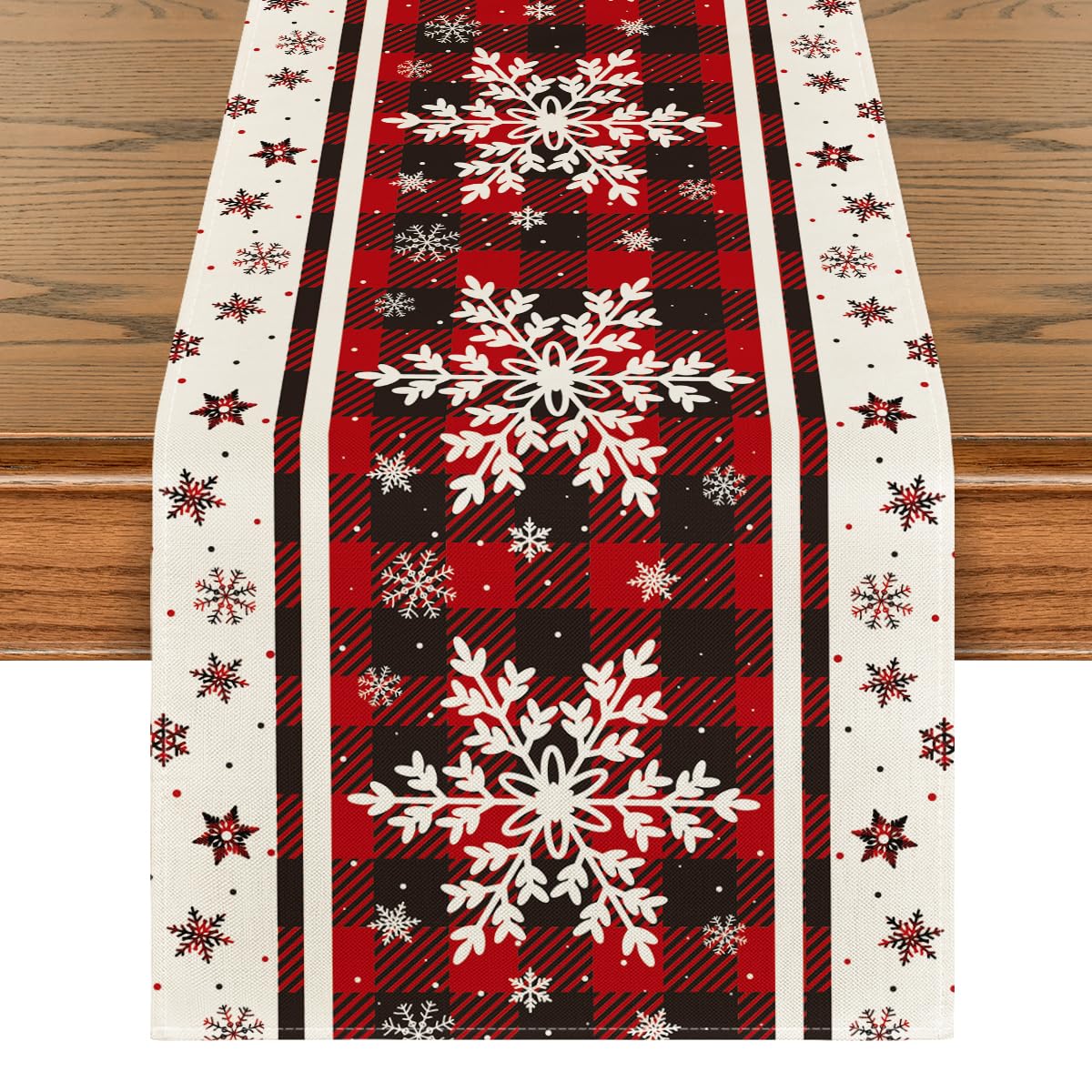 Artoid Mode Buffalo Plaid Snowflakes Christmas Table Runner, Seasonal Winter Kitchen Dining Table Decoration for Home Party Decor 13x72 Inch Artoid Mode