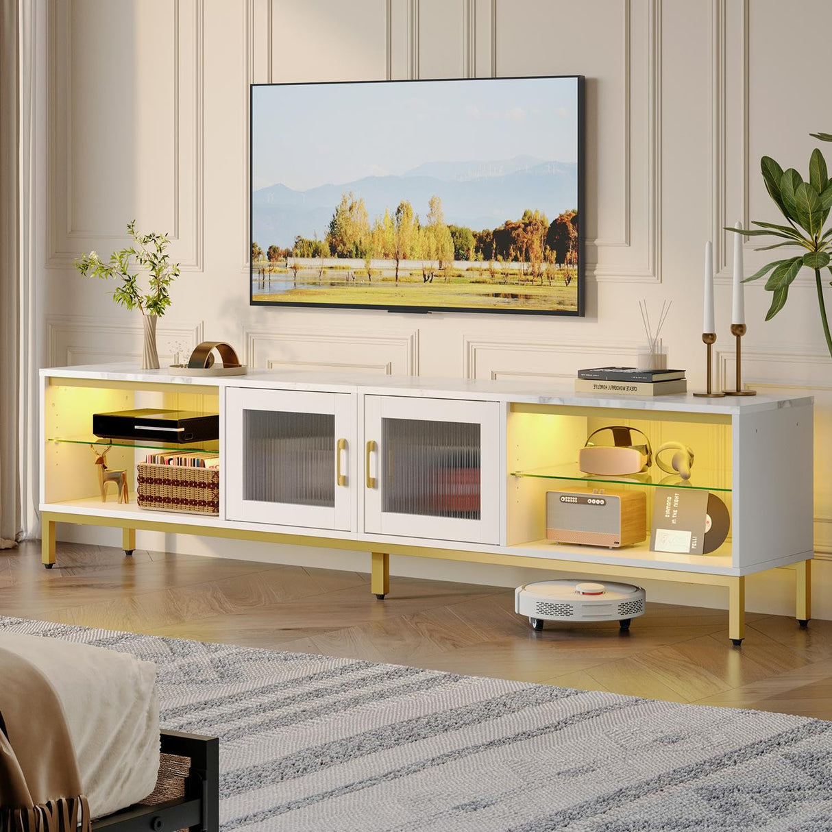 Bestier 80 inch TV Stand for TVs Up to 85", 4 in 1 Entertainment Center with LED Lights, Modern Media Console Table with Storage Cabinet & Adjustable Shelves, for Living Room Bedroom, White Marble Bestier