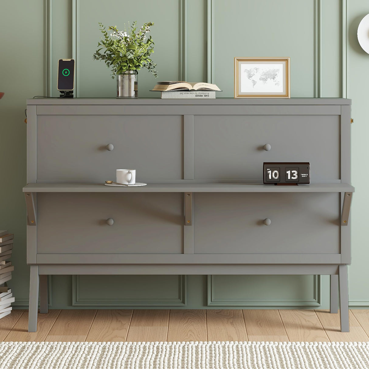 KEIKI Queen Size Murphy Bed with USB Port and Removable Shelves on Each Side, Solid Pine Murphy Cabinet Bed for Home Office, Guest Room,Grey KEIKI