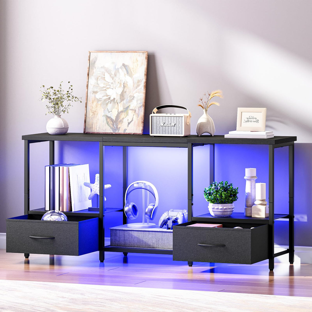 HOOBRO LED TV Stand with Storage, LED Entertainment Center with Open Shelves and Drawer, Fits TVs up to 55", Television Stand for Living Room, Bedroom, Black BB123DDS01 HOOBRO