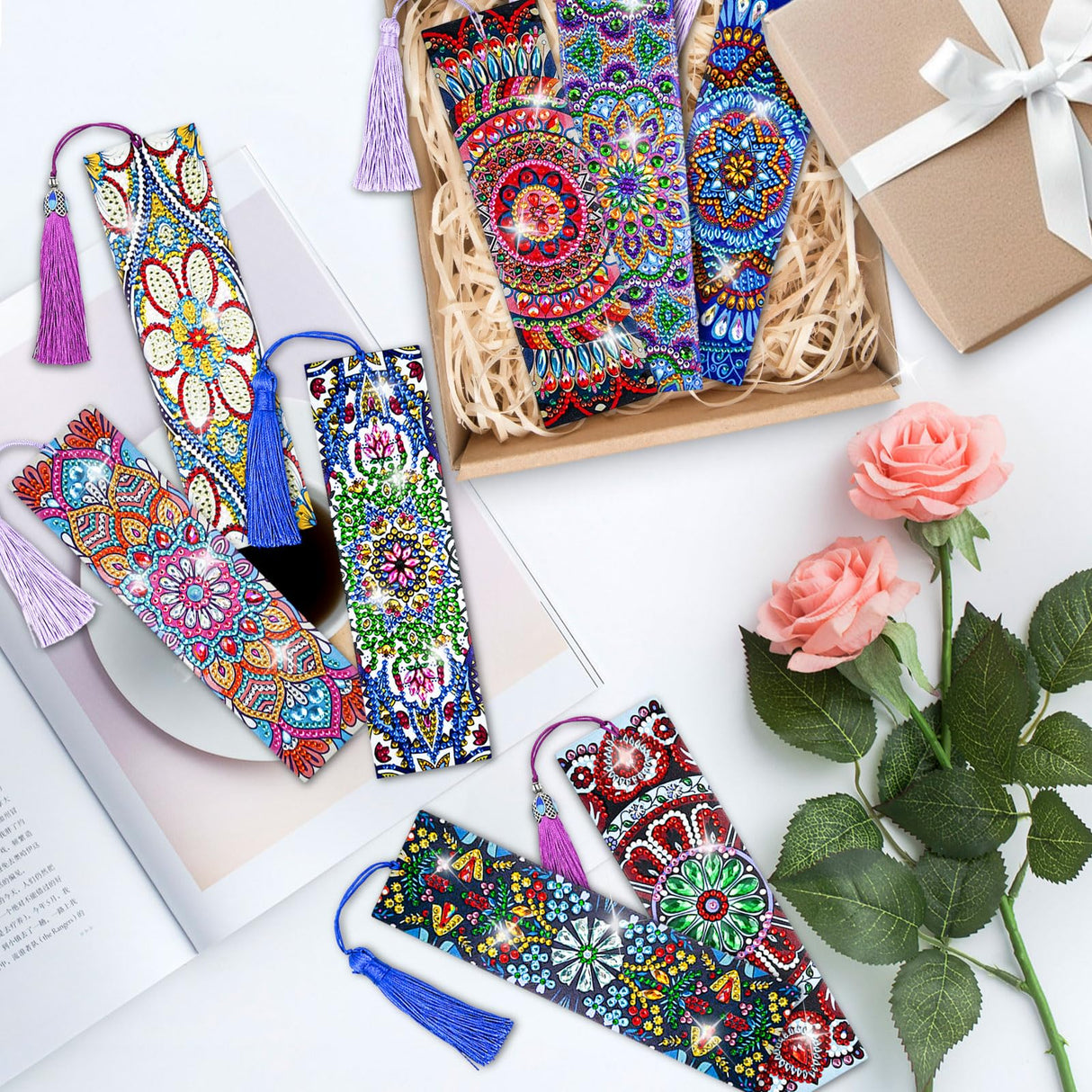 LINGFANG 8 Pcs Diamond Painting Bookmark, Leather DIY Book Makers for Adults Book Lovers, Diamond Art Beginners, Small Diamond Art Kits, Paint by Art Crafts Supplies Gift for Girls (Mandala) LINGFANG