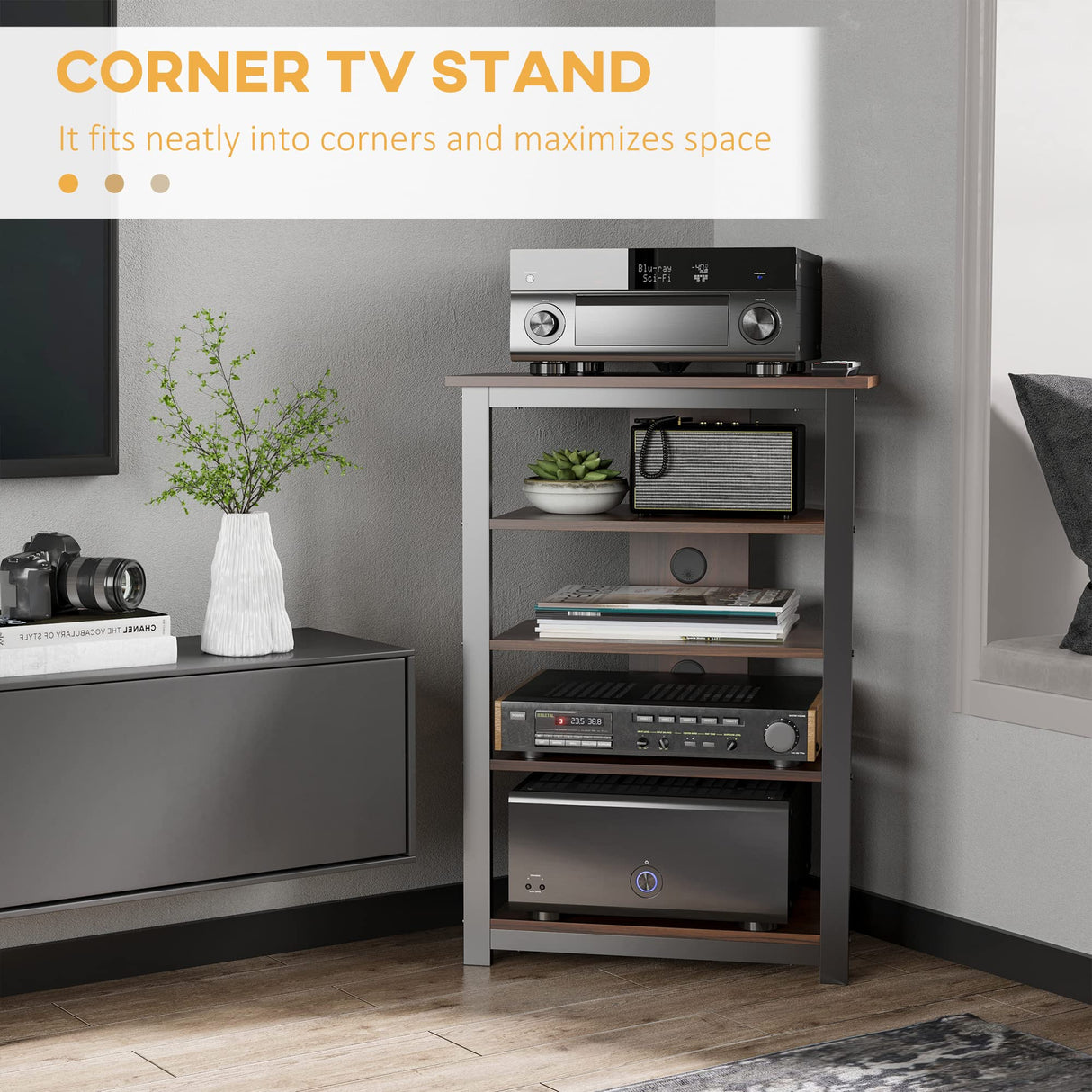HOMCOM TV Stand, AV Media Stand, Corner Audio Tower with Storage Shelves and Steel Frame, Living Room Storage, Brown HOMCOM