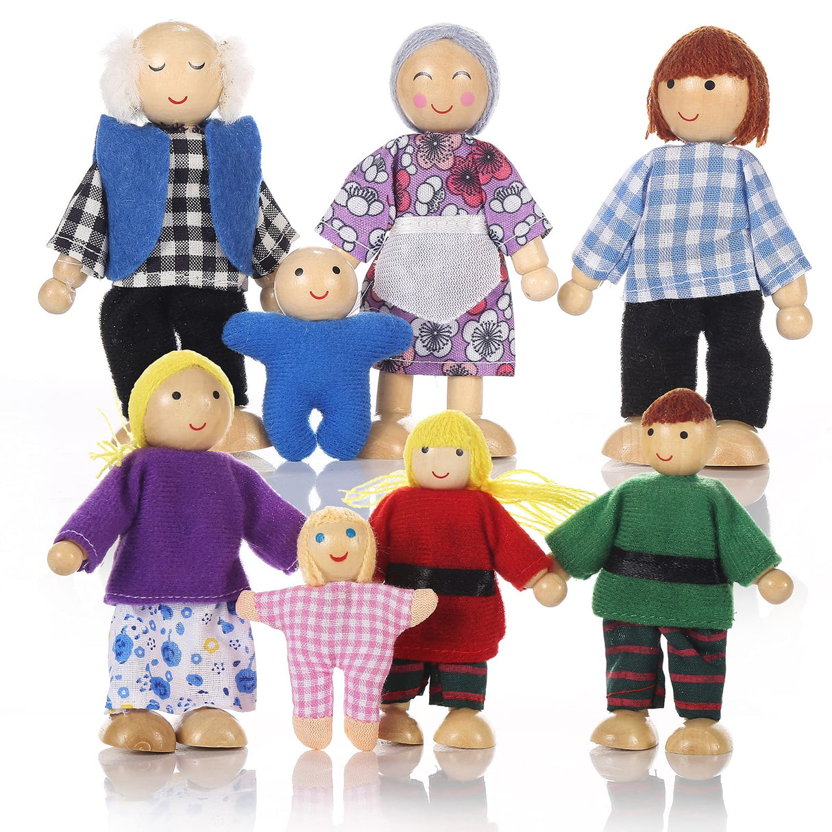 Jzszera Wooden Doll House Family of 8 Little Figures, Cute Dollhouse People for Girls Toddlers Jzszera