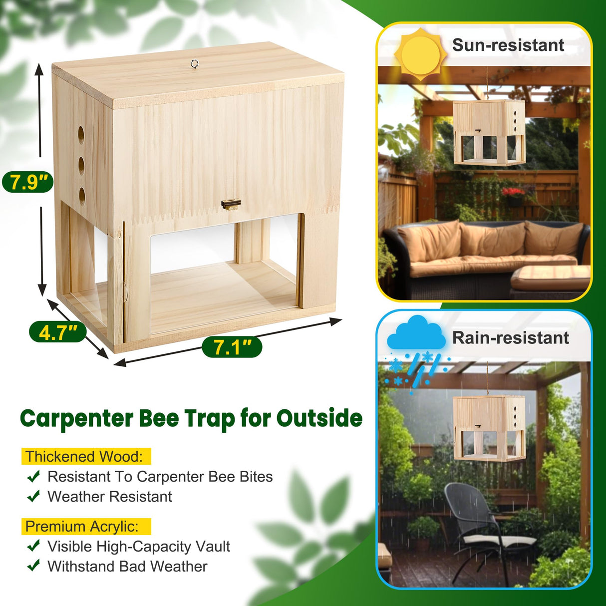 Qualirey 1 Pack Carpenter Bee Trap for Outside, 2 in 1 Catch & Release Wood Bee Traps Outdoor Hanging, Wood Boring High Capacity External Bees Vault, Defender Trap for Bees Catching Qualirey