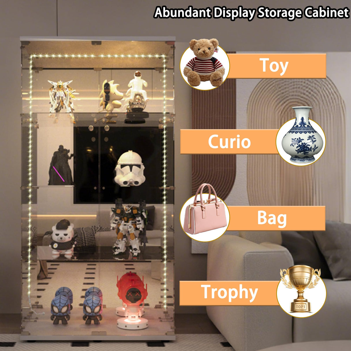 lunhung 65"H Glass Display Cabinet with LED Lights & Mirror Back Panel, 2 Doors Curio Storage Cabinet w/ Adjustable Feet & Lock, 4-Shelf Wood Top Display Case Bookshelf for Living room,Hallway (White) lunhung