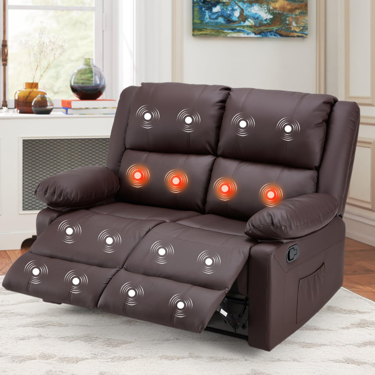 JFHID Reclining Loveseat with Massage&Heat Function, Recliner Loveseat Sofa 2-Seater Modern Manual Control Faux Leather RV Couch, Home Theater Seating Lounge Seat with Side Pockets, Brown JFHID