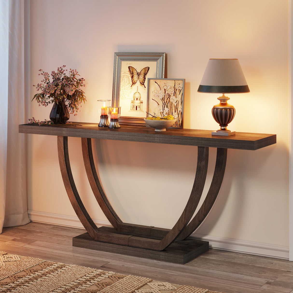 Tribesigns 63-Inch Wood Console Table with Geometric Metal Base, 2-Tier Farmhouse Sofa Table Narrow Long, Thickened Behind Couch Table with Shelves for Living Room Foyer Corridor (Rustic Grey) Tribesigns