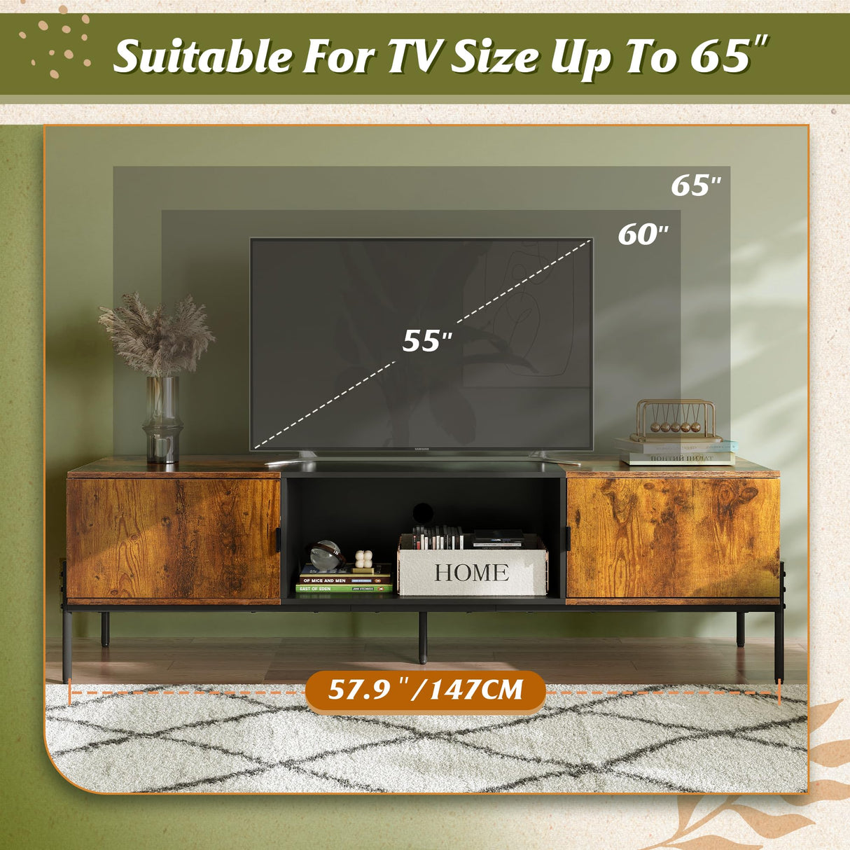 WLIVE Modern TV Stand for 65 Inch TV, Mid Century Entainment Center with Storage, TV Console with Open Shelf and 2 Cabinets for Bedroom and Living Room, TV Cabinet with Metal Legs, Rustic Brown WLIVE