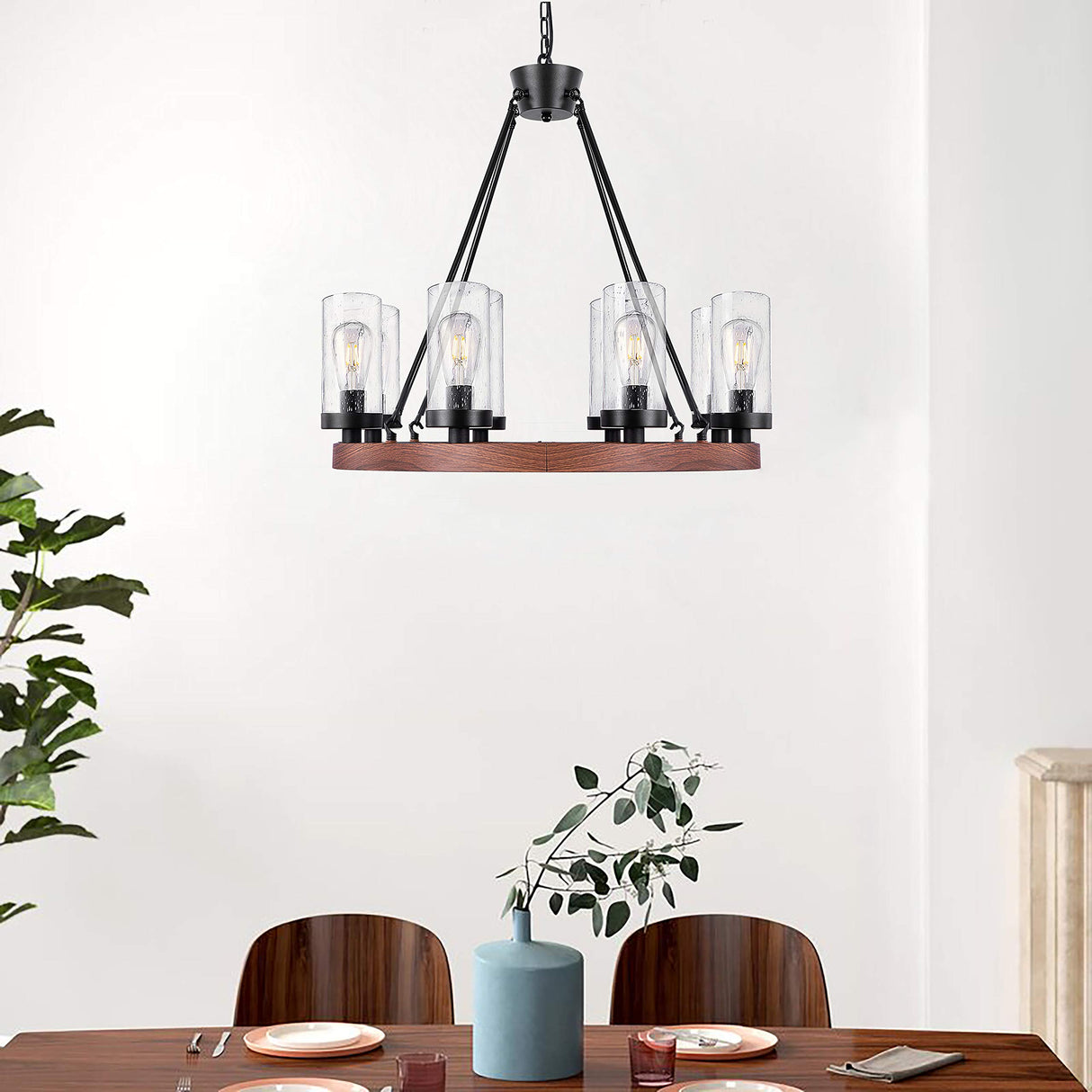 Wellmet 8-Light Farmhouse Chandeliers for Dining Room, 30 inch Rustic Wagon Wheel Chandelier with Seeded Glass Shade, Antique Vintage Round Wood-Painted Hanging Lighting Kitchen Island Living Room Wellmet