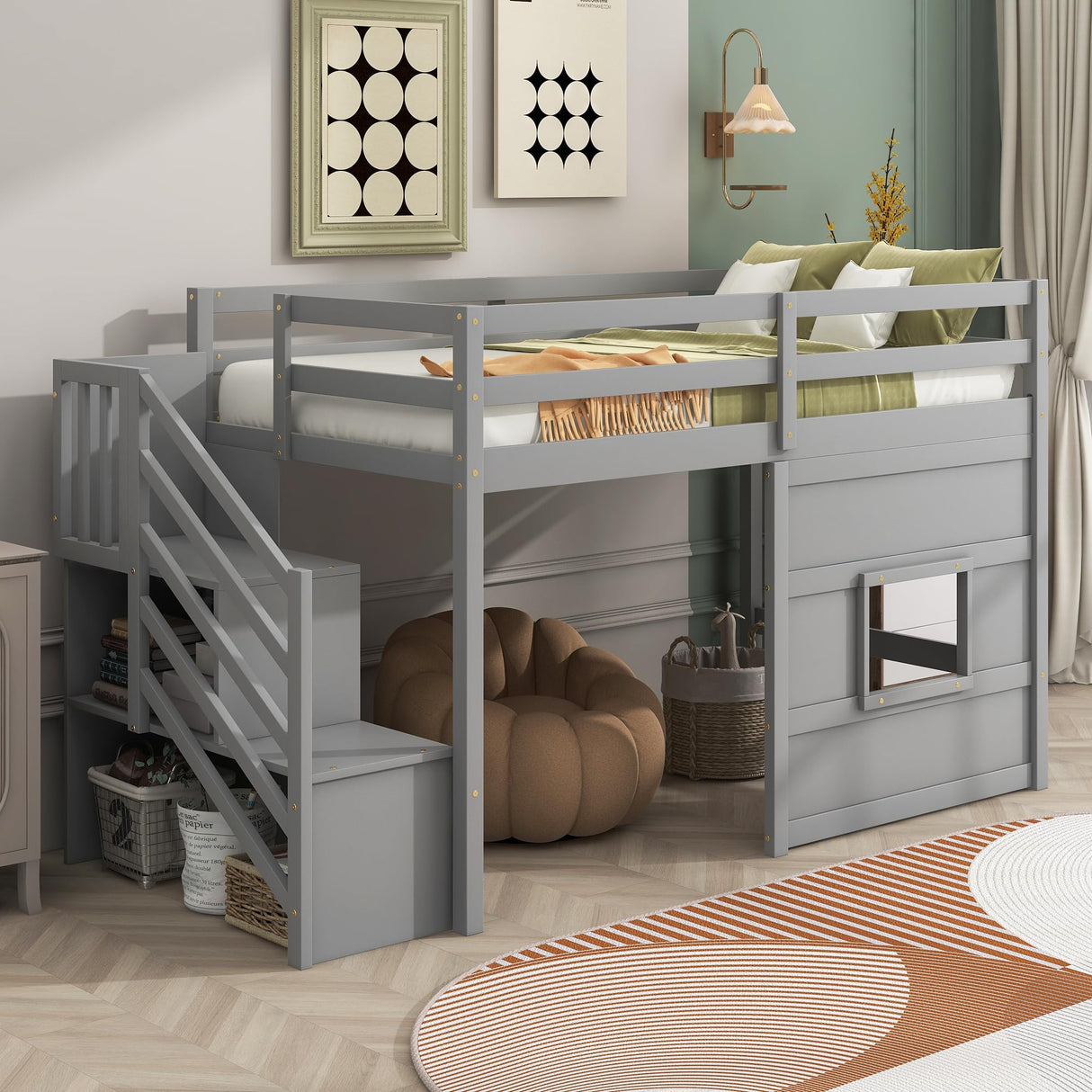 Favfurish Twin Size Grey Loft Bed with Storage Staircase and Playful Window Design Favfurish