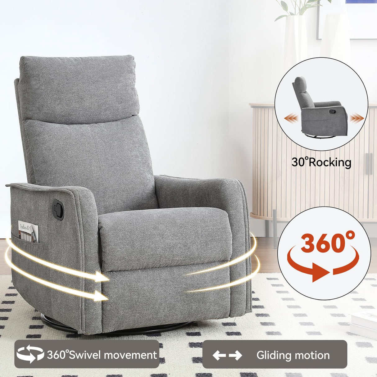 Curtainboro Swivel Rocker Recliner Chair with Heat and Massage, 360° Swivel Recliner Upholstered Fabric Nursery Glider with Side Pocket for Living Room, Bedroom, Home Theater Grey Curtainboro