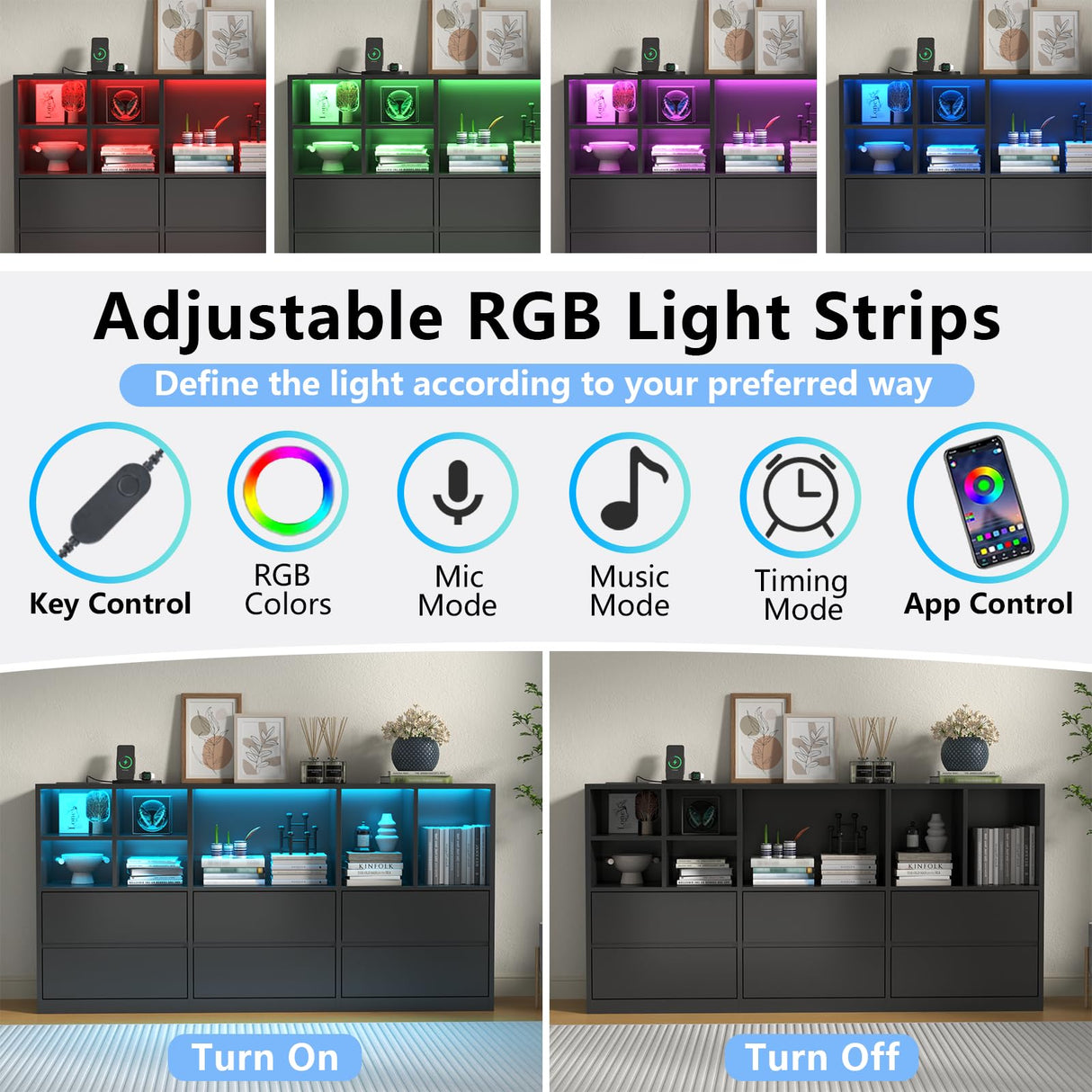 6 Drawers Dresser with 7 Storage Cubbies, LED Chest of Drawers with Power Outlet, 63" Triple Wide Long Dresser Organizer for Bedroom, Modern TV Stand with Open Shelf for Living Room, Entryway (Black) Gyfimoie