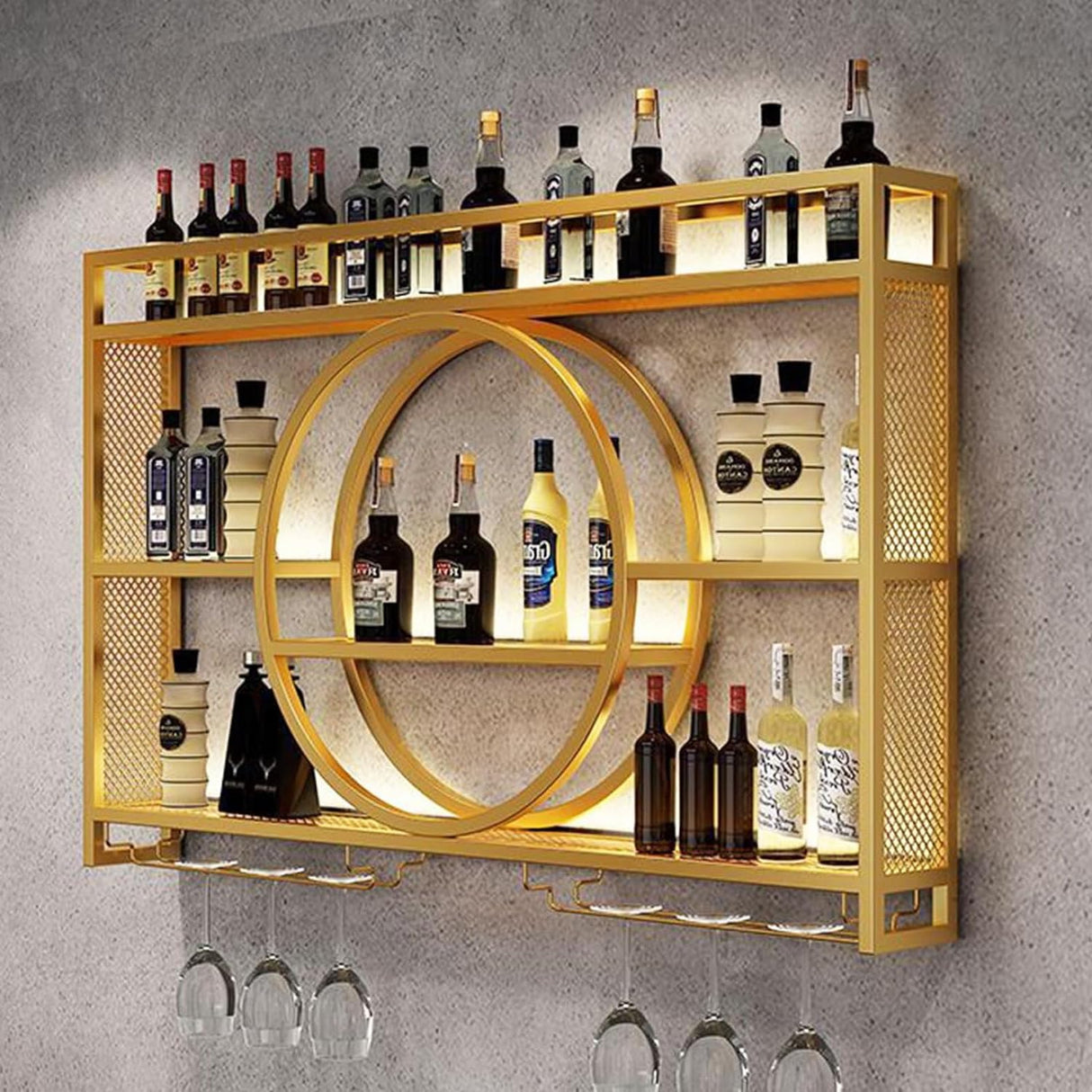 OMKUOSYA Wine Rack Wall Mounted with LED Light, 3-Tier Metal Floating Bar Shelves Wine Glass Holder, Liquor Bottle Storage Display Shelf for Home Bar, Dining Room & Kitchen (Gold, 39.4in/100cm) OMKUOSYA