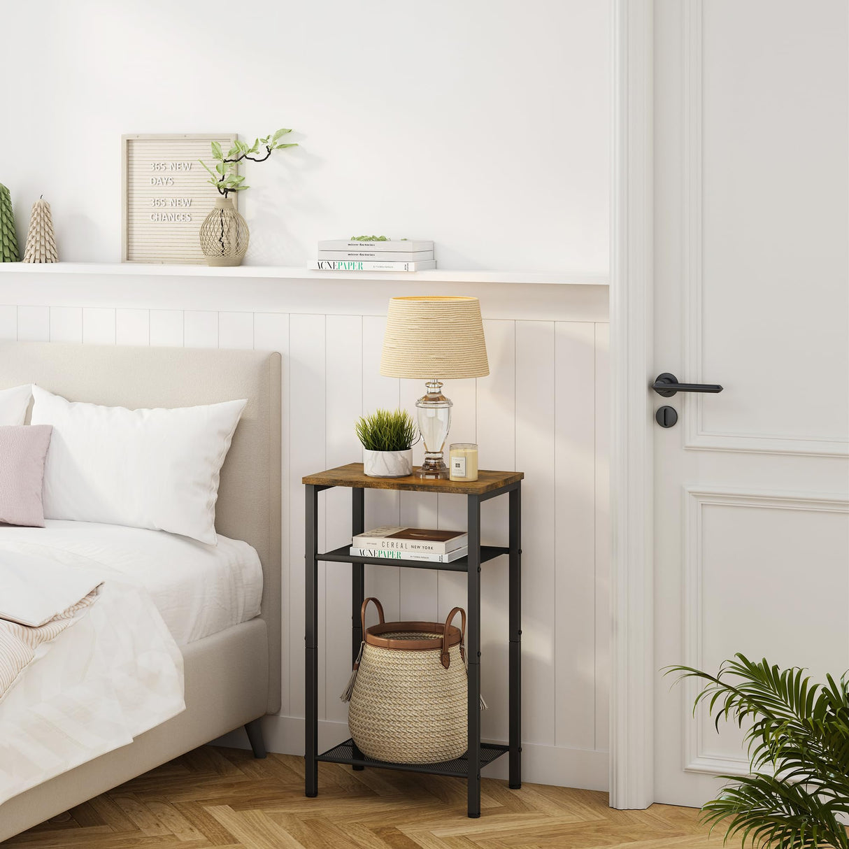 Hoctieon 3 Tier End Table, Telephone Table, Narrow Side Table with Storage, Nightstand for Small Spaces, Metal Frame, For Living Room, Bedroom, Sofa Couch, Hall, Easy Assembly, Rustic Brown Hoctieon