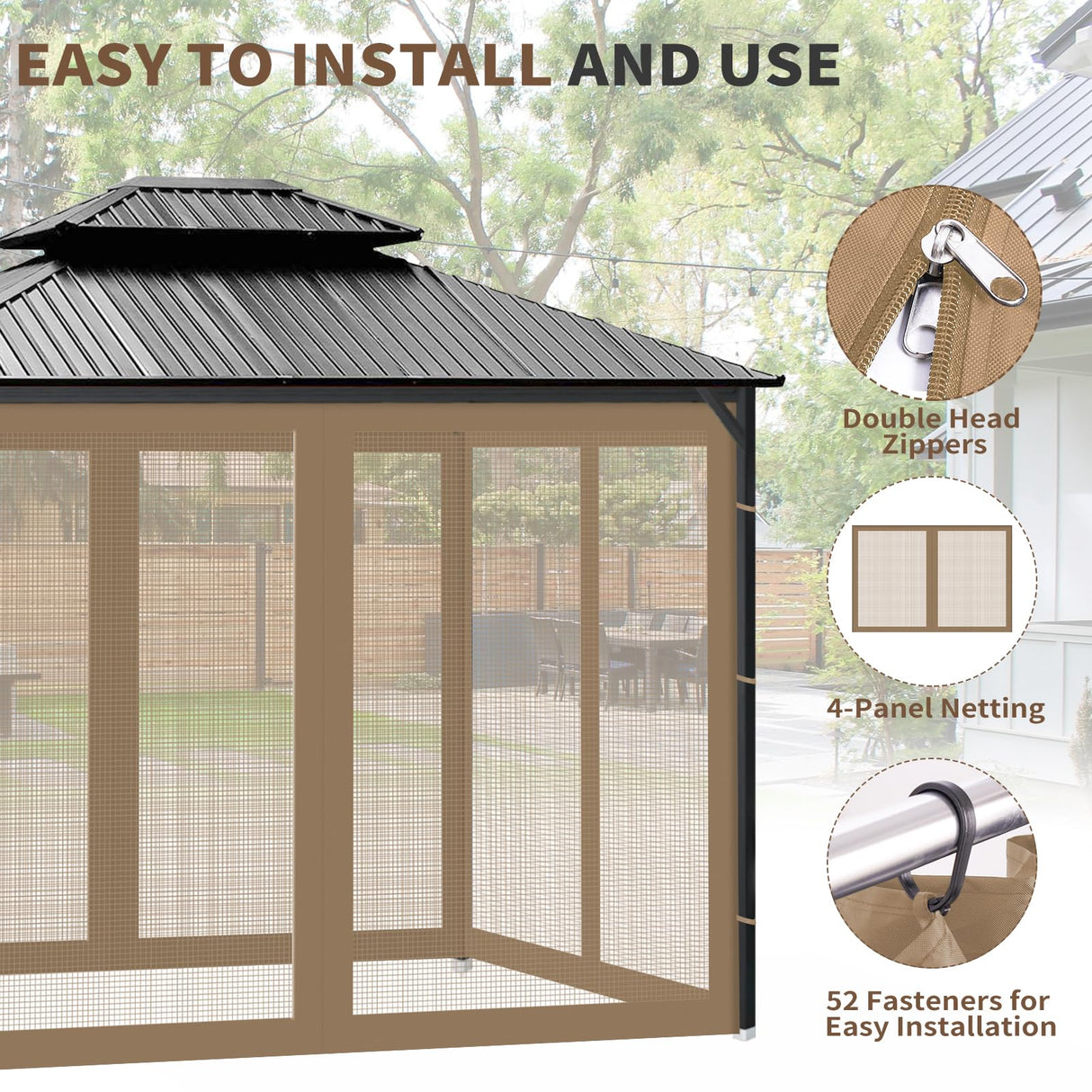 Gazebo Universal Replacement Mosquito Netting, Outdoor Canopy Net Screen 4-Panel Sidewall Gazebo Curtains, with Zippers, Easy to Install, Fit for Most Canopy, Patio, Khaki (10' X 12') WoodArtSupply