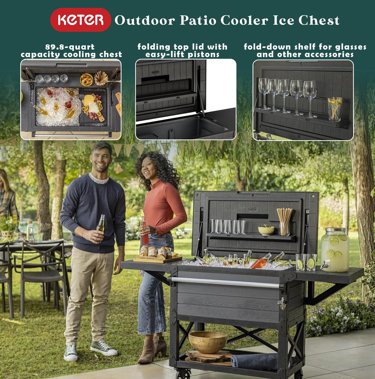 Keter Rolling Ice Cooler Cart, Outdoor Party Beverage Stand w/Wheels, 89.8 Qt, Dark Grey Keter