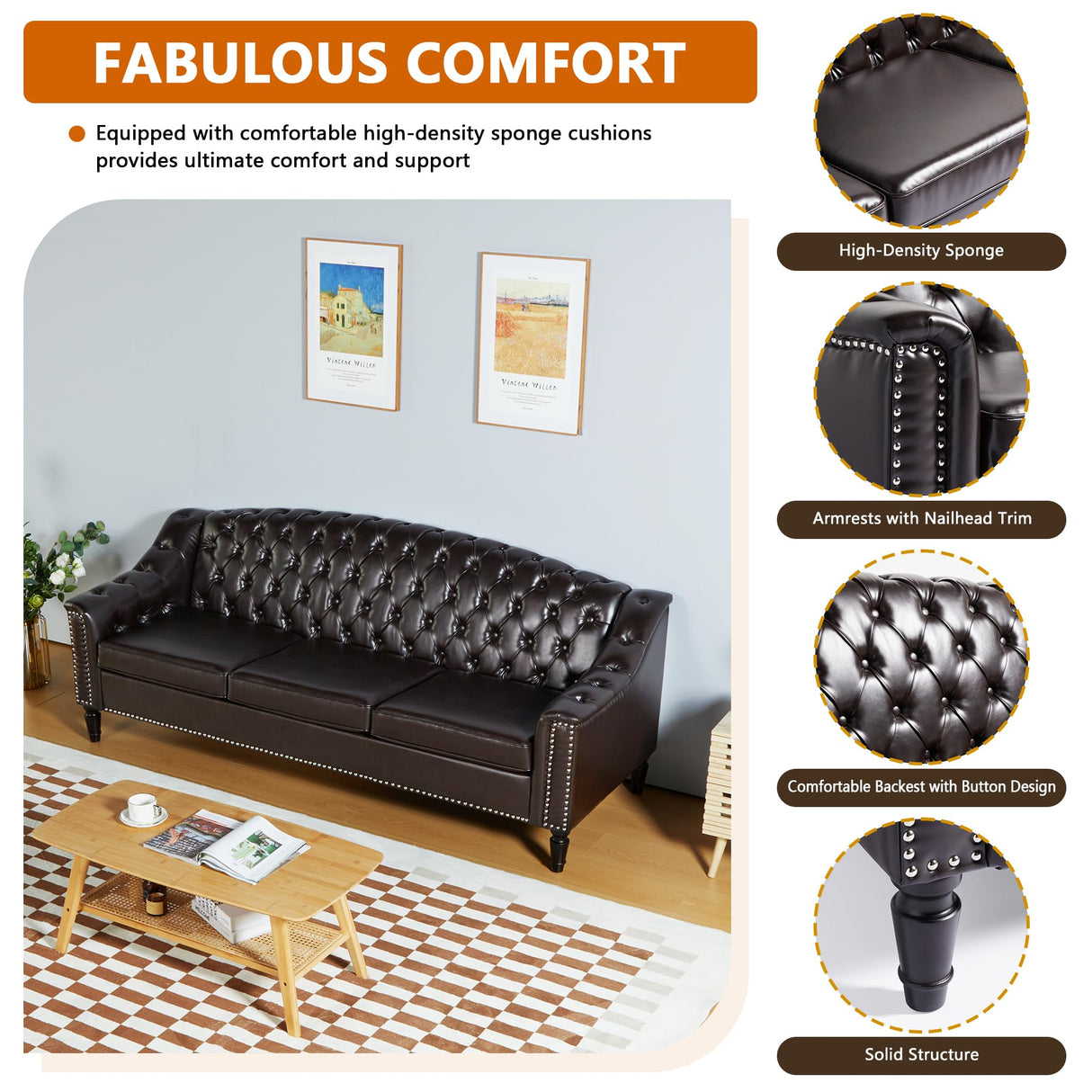 LEVNARY Mid-Century Modern Leather Couch, 80" Large Upholstered Sofa with High Back, Chesterfield Sofa Sleeper Settee with Solid Wood Legs, Tufted 3 Seater Wide Couches for Living Room Office (Brown) LEVNARY