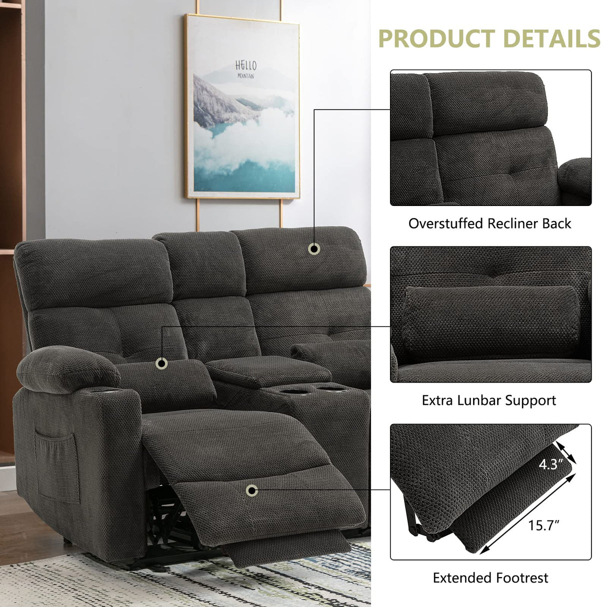 Consofa Power Reclining Loveseat with Console, Power Loveseat Recliner Sofa with Heat and Massage, Extended Footrest, Reclining Loveseat with Cup Holders, Lumbar Support for Living Room, RV Loveseat Consofa